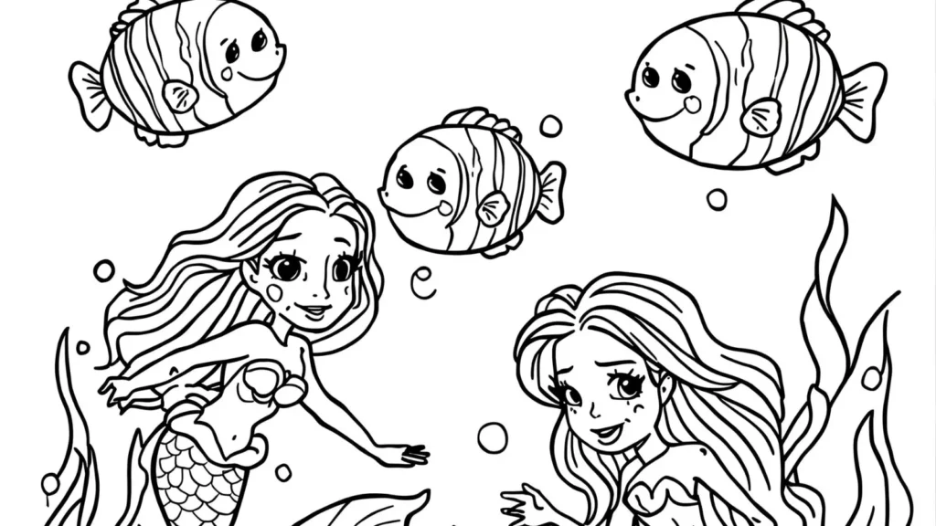 Cute Mermaid with Fish Coloring Pages