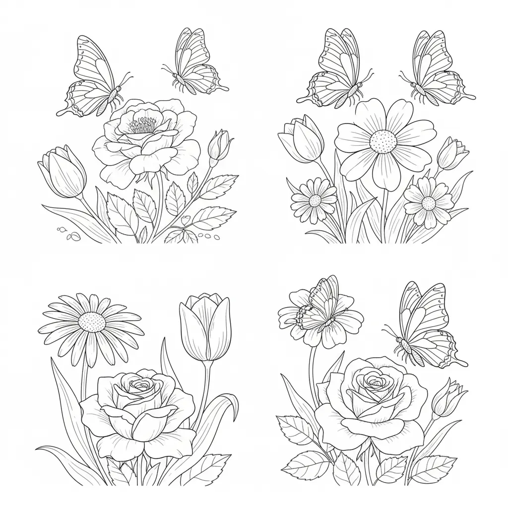 Butterflies With Flowers Coloring Pages 🌺🦋