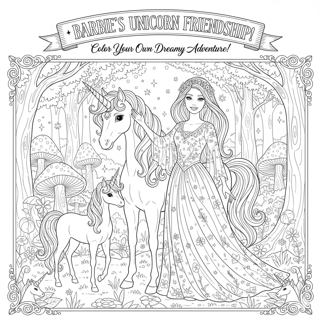 Barbie Unicorn Coloring Pages 🦄