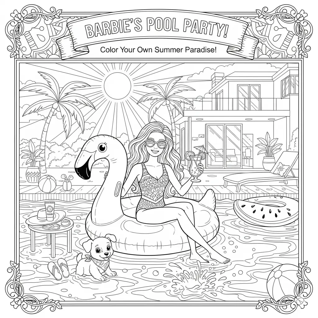 Barbie Summer Pool Coloring Pages 🏊♀️