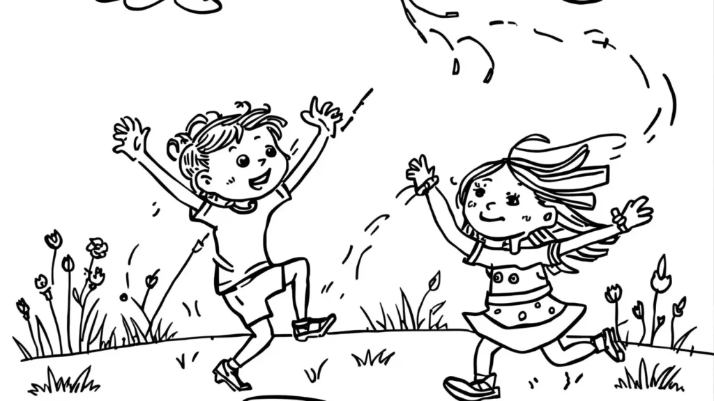 Kids Playing in Spring Coloring Pages