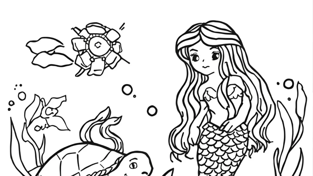 Mermaid and Sea Turtle Coloring Pages