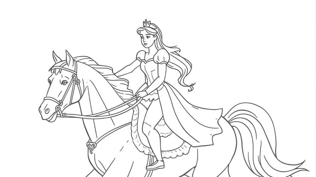 Princess Riding Horse Coloring Pages 🐎🌿