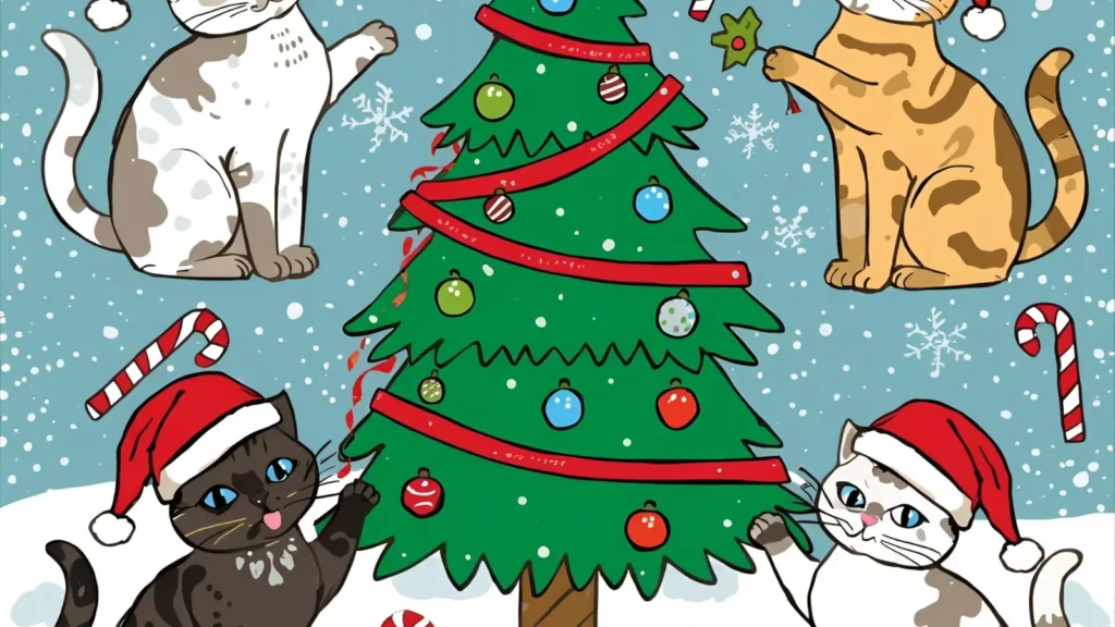 Winter & Christmas Cat Coloring Pages